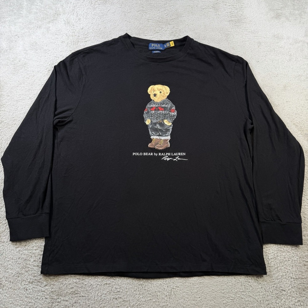 Polo Ralph Lauren T-Shirt Mens XL Black Bear Long Sleeve Classic Fit Cotton Tee